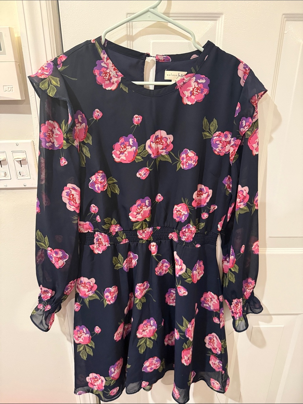 Maison Jules Navy Long-Sleeve Floral Mini Dress with Pink Blooms